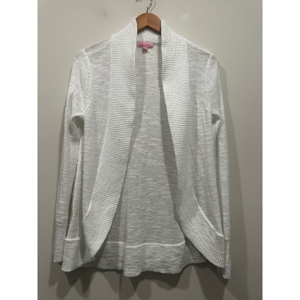 Lilly Pulitzer White Open Front Cardigan Draped Shawl Collar Knit Sweater Medium